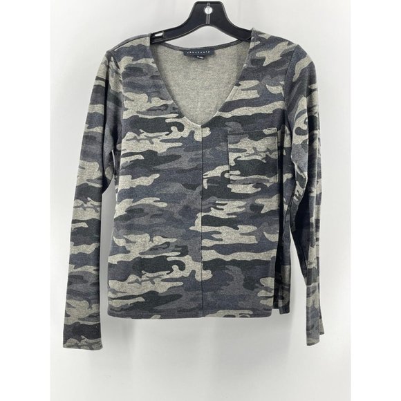 Sanctuary Women's Gray Camo Pullover V Neck Pocket Sweatshirt Long Sleeve Size S - Picture 2 of 9